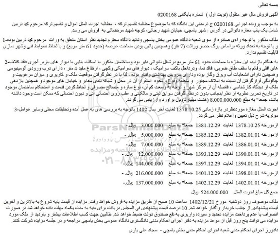مزایده فروش یک باب مغازه نانوائی