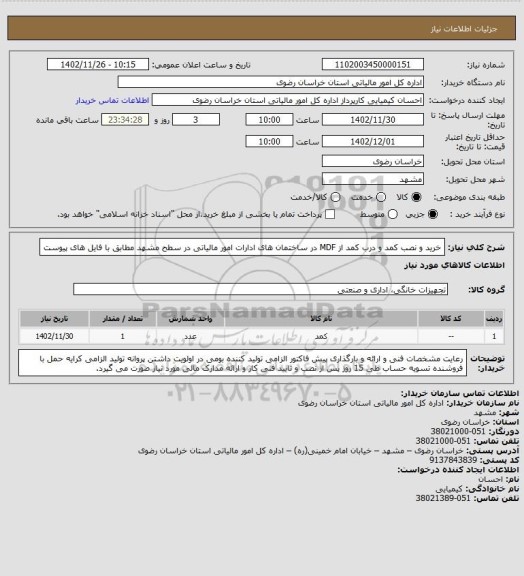 استعلام  خرید و نصب کمد و درب کمد از MDF در ساختمان های ادارات امور مالیاتی در سطح مشهد مطابق با فایل های پیوست