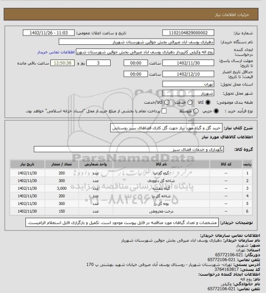 استعلام خرید گل و گیاه مورد نیاز جهت گل کاری فضاهای سبز روستایی