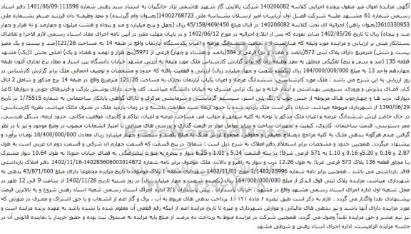 آگهی مزایده ششدانگ عرصه و اعیان یکدستگاه آپارتمان واقع در طبقه 14 به مساحت 121/26