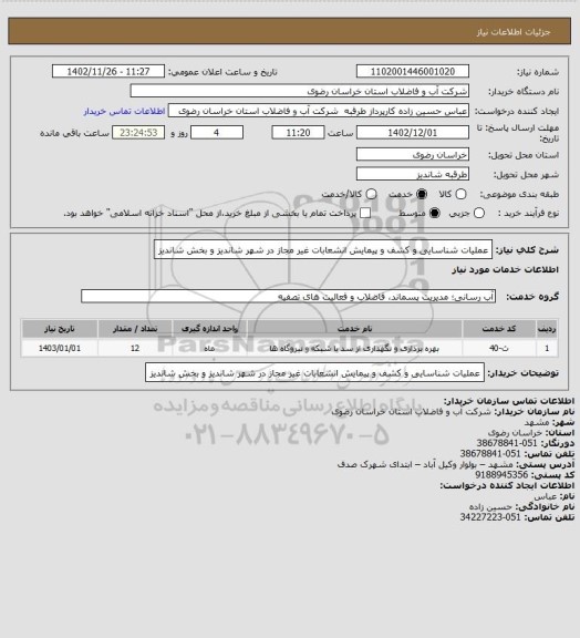 استعلام عملیات شناسایی و کشف و پیمایش انشعابات غیر مجاز در شهر شاندیز و بخش شاندیز