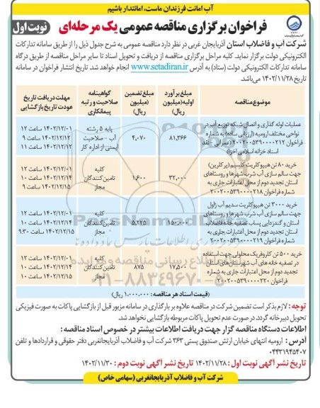 مناقصه عملیات لوله گذاری و اتصال شبکه توزیع آب در نواحی مختلف ارومیه ...