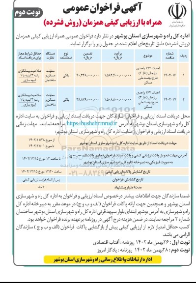 فراخوان مناقصه احداث 172 واحدی ... نوبت دوم