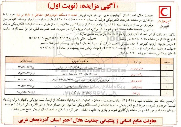 مزایده فروش تعداد 5 دستگاه خودروهای اسقاطی و مازاد شامل مینی بوس بنز، پیکان سواری و....