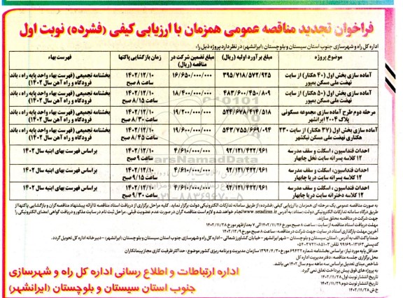 تجدید مناقصه آماده سازی بخش اول (40 هکتار) از سایت نهضت ملی مسکن ...