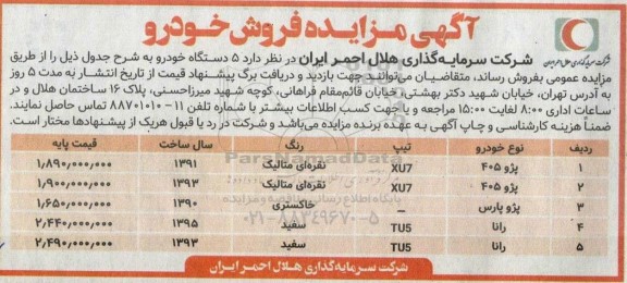 مزایده  5 دستگاه خودرو