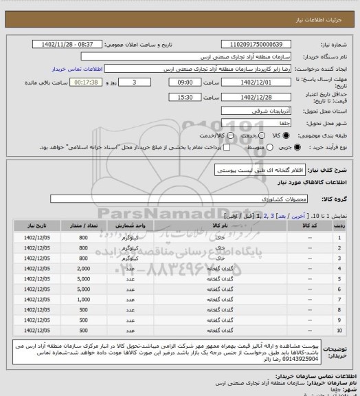 استعلام اقلام گلخانه ای طبق لیست پیوستی