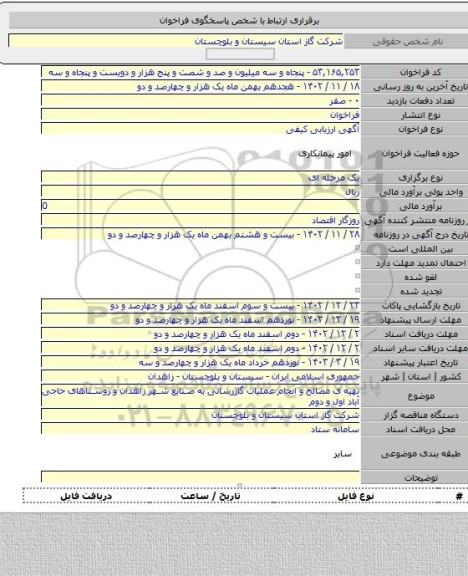 مناقصه, تهیه ی مصالح و انجام عملیات گازرسانی به صنایع شهر زاهدان و روستاهای حاجی آباد اول و دوم