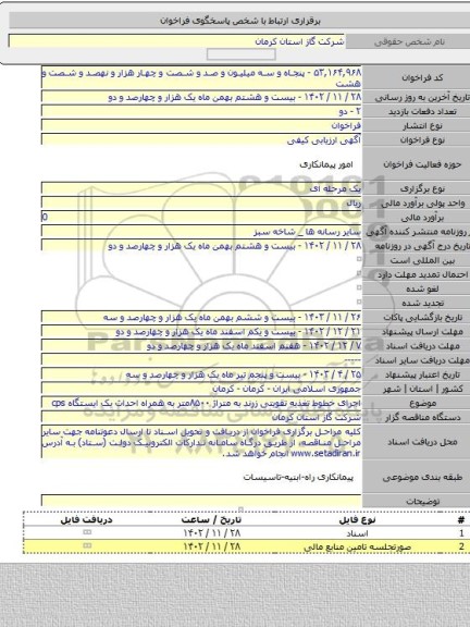 مناقصه, اجرای خطوط تغذیه تقویتی زرند به متراژ ۸۵۰۰متر به همراه احداث یک ایستگاه cps