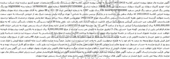 آگهی مزایده خودرو کاربری سواری زیر کاربری سواری سیستم پژو تیپ 206SD-TU5