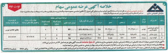 خلاصه مزایده عرضه عمومی سهام  - نوبت دوم