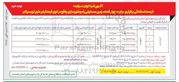 مزایده فروش چهار قطعه زمین مسکونی ​​​​​​​نوبت دوم 