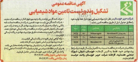 مناقصه تشکیل وندور لیست تامین مواد شیمیایی