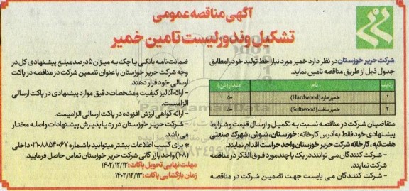 مناقصه تشکیل وندور لیست تامین خمیر