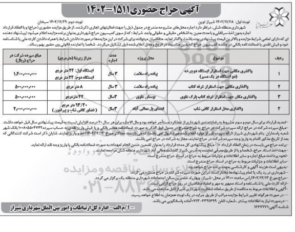 حراج حضوری اجاره واگذاری مکانی جهت استقرار ایستگاه دوچرخه (دو ایستگاه در یک مسیر)....- نوبت دوم