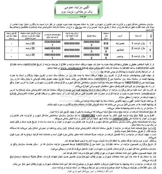 مزایده واگذاری امتیاز اجاره تعدادی سوله بازار کرامت نوبت دوم 