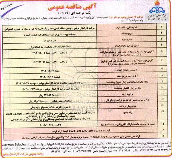 مناقصه عمومی خدمات بهره برداری در شهرستان های... - نوبت دوم