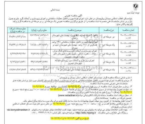 مناقصه اجرای فونداسیون و تکمیل عملیات ساختمانی 