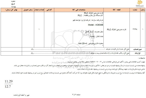 استعلام کارت خروجی آنالوگ PLC