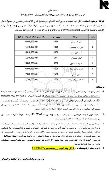 مزایده فروش اقلام ضایعاتی شامل سرباره چدن، سرباره آلومینیوم و....