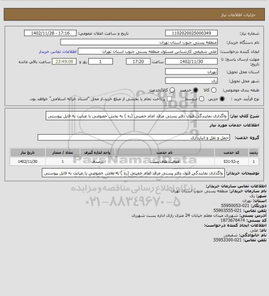 استعلام واگذاری نمایندگی قبول دفتر پستی مرقد امام خمینی (ره ) به بخش خصوصی با عنایت به فایل پیوستی
