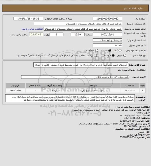 استعلام استعلام قیمت پروژه تهیه لوازم و اجرای شبکه برق فشار متوسط   شهرک صنعتی کامبوزیا زاهدان
