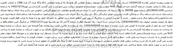 مزایده یک دستگاه خودروی سواری فولکس گل هاچ بک 