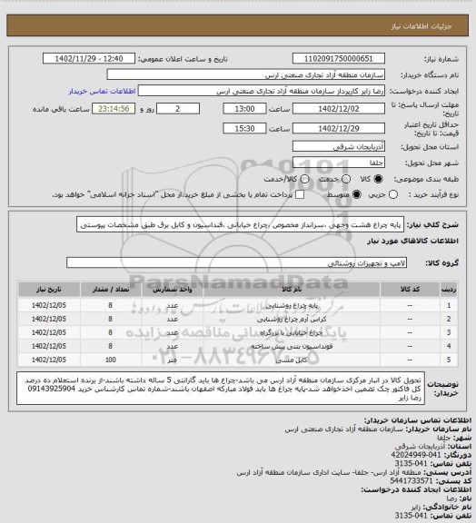 استعلام پایه چراغ هشت وجهی ،سرانداز مخصوص ،چراغ خیابانی ،فنداسیون و کابل برق طبق مشخصات پیوستی