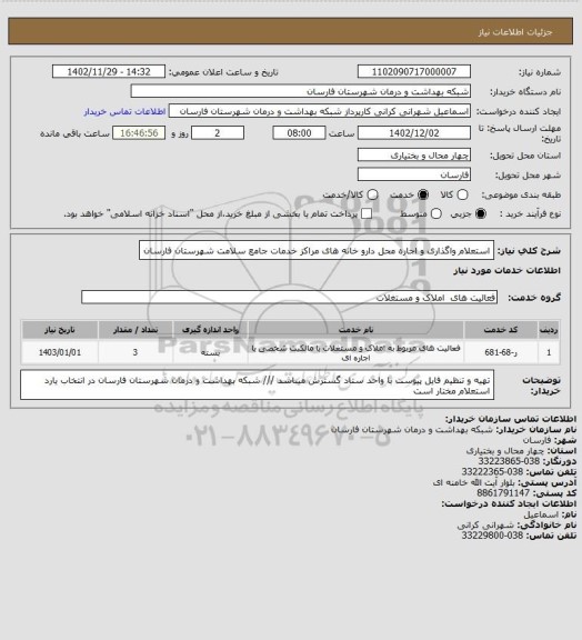 استعلام استعلام واگذاری و اجاره محل دارو خانه های مراکز خدمات جامع سلامت شهرستان فارسان