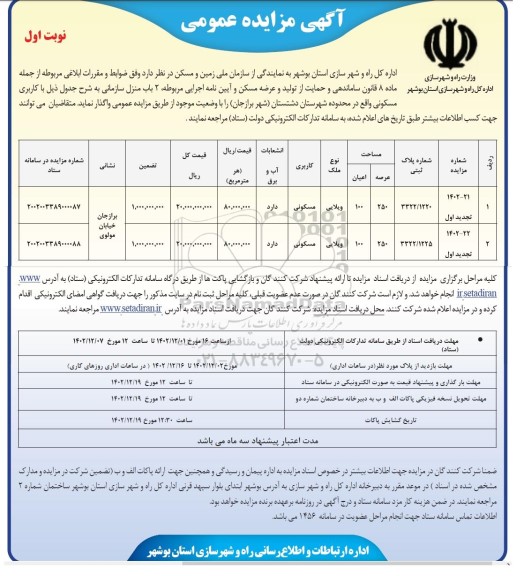 مزایده واگذاری 2 باب منزل سازمانی