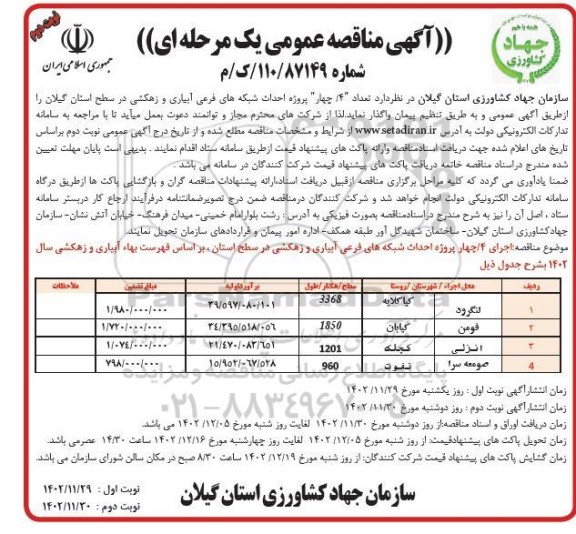 مناقصه عمومی تعداد 4 پروژه احداث شبکه های فرعی آبیاری و زهکشی 