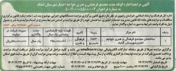 مزایده اجاره کوتاه مدت مجتمع فرهنگی و هنری خواجه