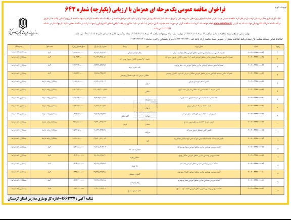 مناقصه عمومی تعمیرات اساسی سیستم گرمایشی مدارس مناطق آموزشی...​​​​​​​نوبت دوم 