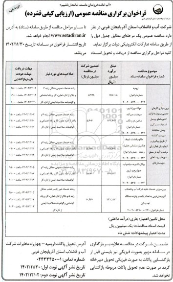 مناقصه برون سپاری کارهای حجمی مربوط به قرائت کنتور، قطع و وصل انشعابات مشترکین، وصول مطالبات ...