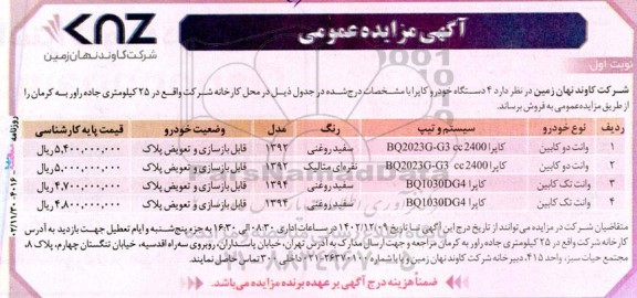 مزایده فروش 4 دستگاه خودرو کاپرا