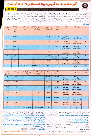 تجدید مزایده فروش دو بلوک مسکونی (12 واحد آپارتمان)