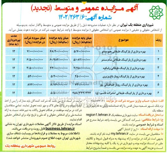 تجدید مزایده عمومی و متوسط بهره برداری از پارکینگ طبقاتی و روباز