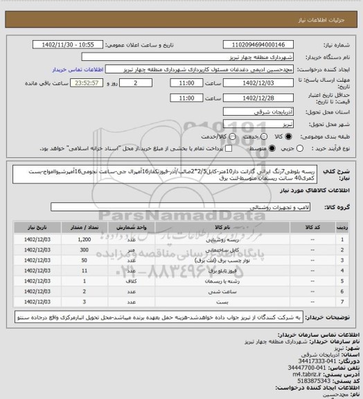 استعلام ریسه بلوطی7رنگ ایرانی گارانت دار10متر-کابل2/5*2صائب/آذر-فیوزتکفاز16آمپرال جی-ساعت نجومی16آمپرشیواامواج-بست کمری40 سانت ریسمان متوسط-لنت برق