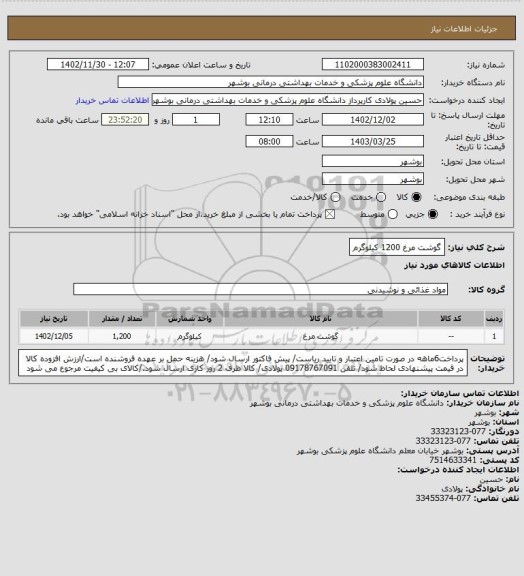 استعلام گوشت مرغ 1200 کیلوگرم