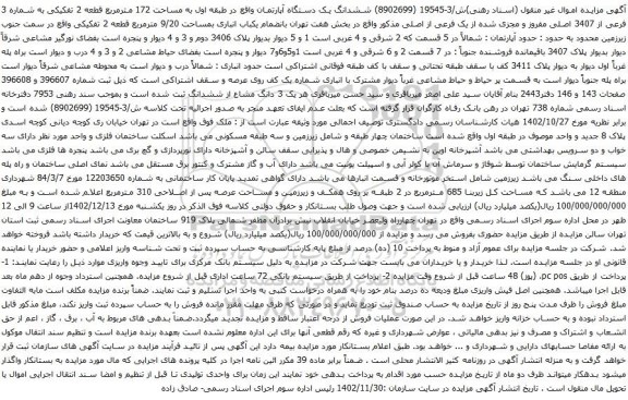 مزایده ششدانگ یک دستگاه آپارتمان واقع در طبقه اول به مساحت 172 مترمربع قطعه 2 تفکیکی