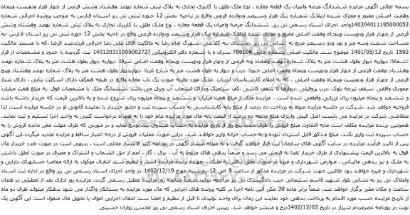مزایده ششدانگ عرصه واعیان یک قطعه مغازه ، نوع ملک طلق با کاربری تجاری