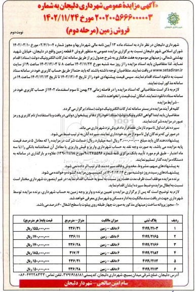 مزایده ​​​​​​​فروش 6 قطعه زمین - نوبت دوم