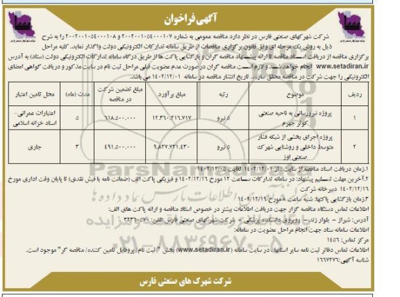 مناقصه پروژه نیرورسانی به ناحیه صنعتی کوثر و ...