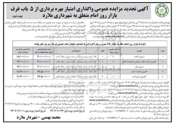 تجدید مزایده واگذاری امتیاز بهره برداری از 5 باب غرف بازار روز- نوبت دوم