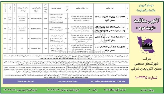 مناقصه احداث شبکه توزیع 20 کیلوولت در ناحیه صنعتی ...- نوبت دوم