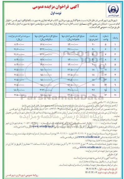 مزایده واگذاری بهره برداری 11 باب غرفه تجاری