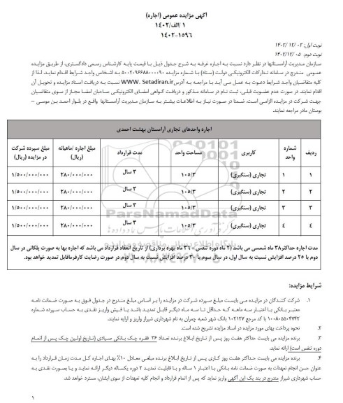مزایده اجاره 4 غرفه با کاربری تجاری (سنگبری)
