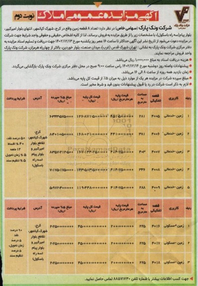 مزایده فروش تعداد 8 قطعه زمین-  نوبت دوم