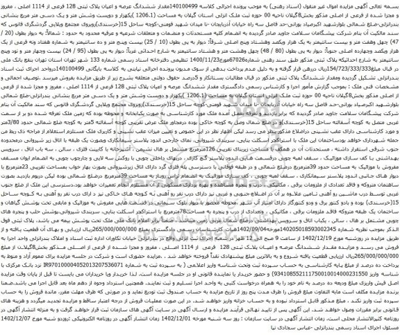 مزایده ششدانگ عرصه و اعیان پلاک ثبتی 128 فرعی از 1114 اصلی ، مفروز و مجزا شده از فرعی از اصلی مذکور 