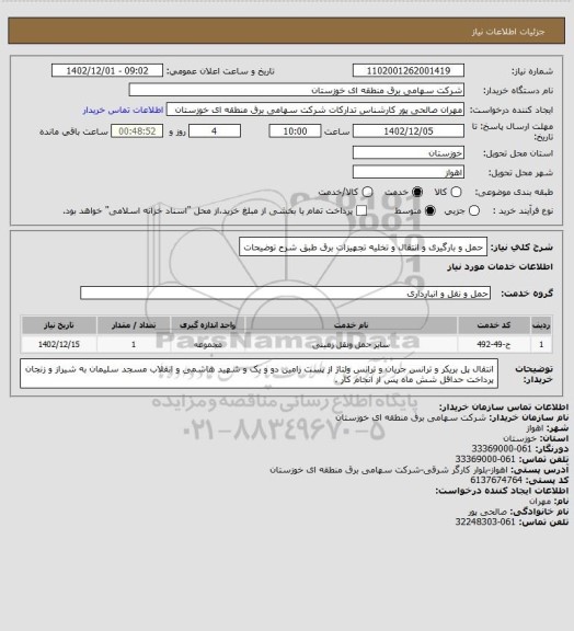 استعلام حمل و بارگیری و انتقال و تخلیه تجهیزات برق طبق شرح توضیحات
